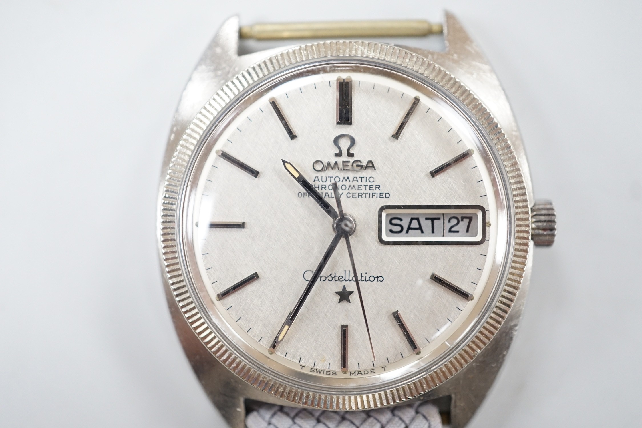 A gentleman's late1960's stainless steel Omega Constellation Automatic Chronometer wrist watch, on associated strap, case diameter 35mm. movement c.751.